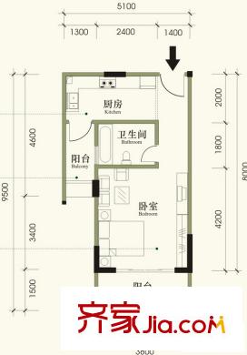 裕豐英倫戶型圖6#樓08房 1室1廳1衛(wèi)1廚