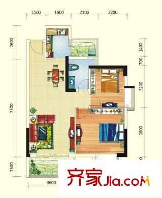 保利山水怡城戶型圖01、02號房 2室2廳1衛(wèi)1廚