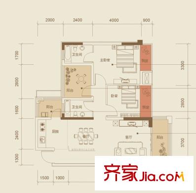 紅日江山2#樓05戶型 2室2廳2衛(wèi)1廚