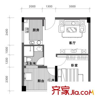 觀瀾溪谷1號樓A5戶型 1室1廳1衛(wèi)1廚