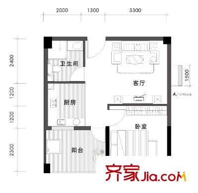 觀瀾溪谷1號樓A1戶型 1室1廳1衛(wèi)1廚