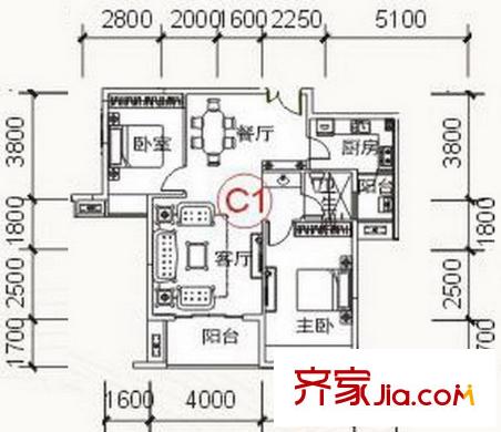 觀瀾溪谷1#2#C1戶型 2室2廳1衛(wèi)1廚