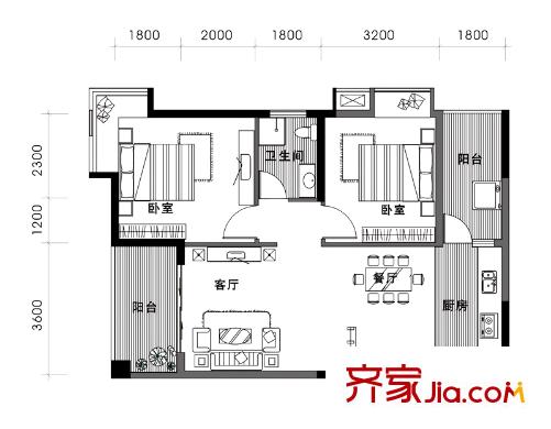觀瀾溪谷1號樓C戶型 2室2廳1衛(wèi)1廚