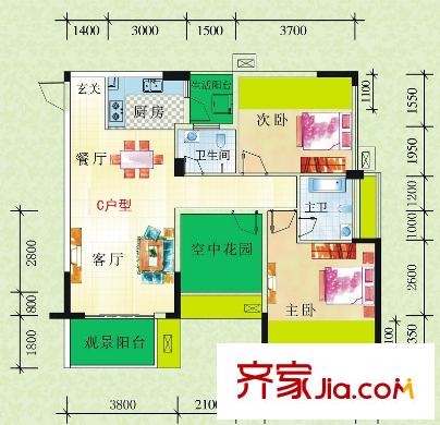 鳳嶺春天23#、25#樓C戶型 2室2廳2衛(wèi)1廚