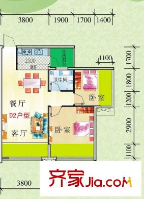 鳳嶺春天23#、25#樓D2戶型 2室2廳1衛(wèi)1廚
