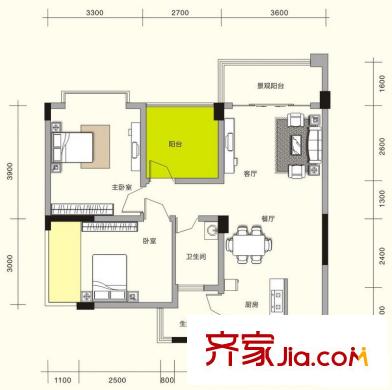 中房翡翠園C21棟翰林閣F戶型 2室2廳1衛(wèi)1廚
