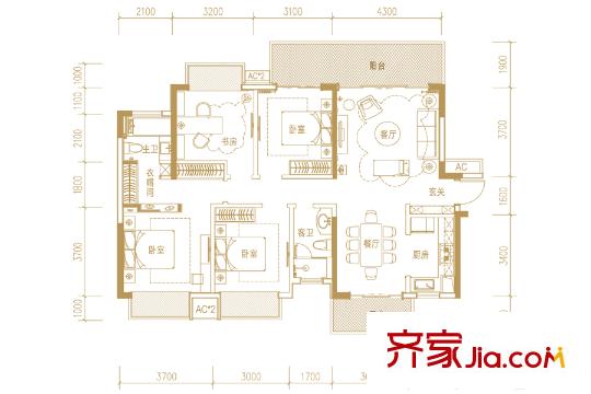 綠地中央廣場2#、3#樓C1戶型 4室2廳2衛(wèi)1廚