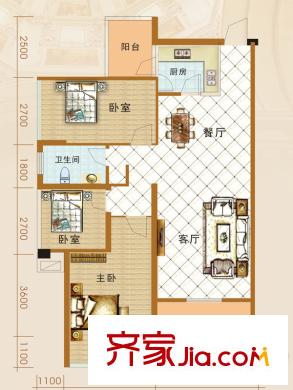 明都錦繡花園3/4#樓C1戶型 2室2廳1衛(wèi)1廚