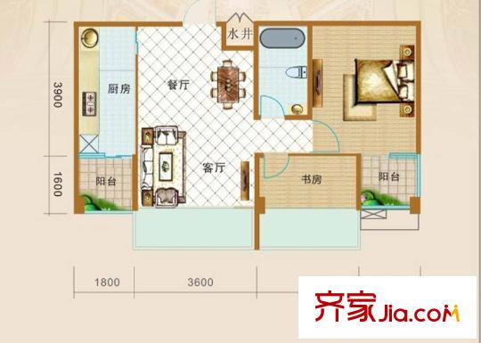 明都錦繡花園A2戶型 2室2廳1衛(wèi)1廚