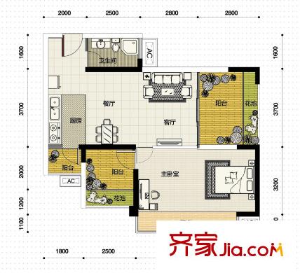 榮和摩客社區(qū)C戶型 1室2廳1衛(wèi)1廚
