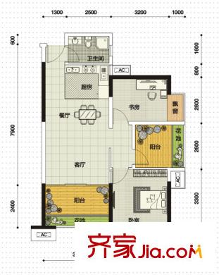 榮和摩客社區(qū)D戶型 2室2廳1衛(wèi)1廚