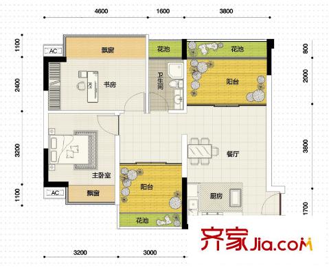 榮和摩客社區(qū)B戶型 2室2廳2衛(wèi)1廚