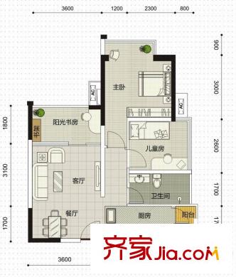 榮和摩客社區(qū)64平米A戶型 3室2廳2衛(wèi)2廚
