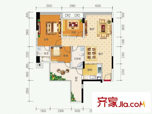 凱宇國際標準層D戶型 3室2廳2衛(wèi)1廚