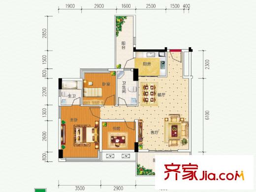 凱宇國際標準層A戶型 3室2廳2衛(wèi)1廚