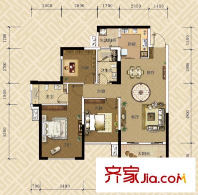 榮和公園悅府一期1-8號樓A3戶型 3室2廳2衛(wèi)1廚
