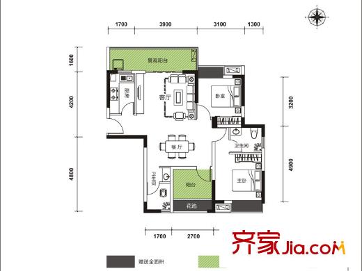 海棠一品B4戶型 3室2廳2衛(wèi)1廚