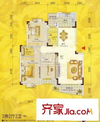 夢(mèng)之島花園28號(hào)樓標(biāo)準(zhǔn)層A2戶型 3室2廳2衛(wèi)1廚