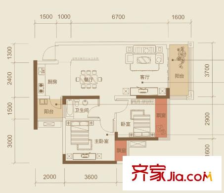 紅日江山2#樓06戶型 2室2廳1衛(wèi)1廚