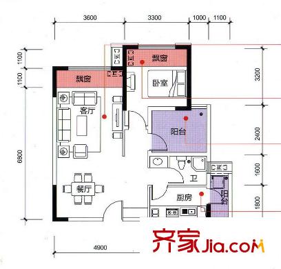 榮和山水綠城A1戶型 1室2廳1衛(wèi)1廚