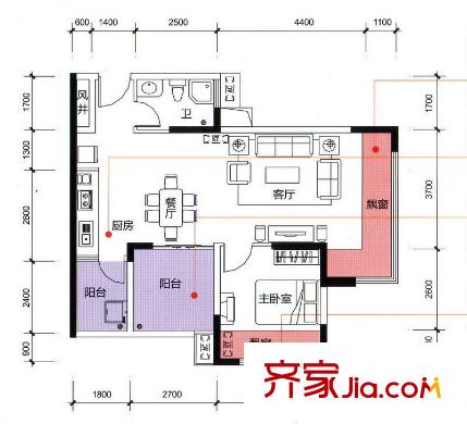 榮和山水綠城A5戶型 1室2廳1衛(wèi)1廚