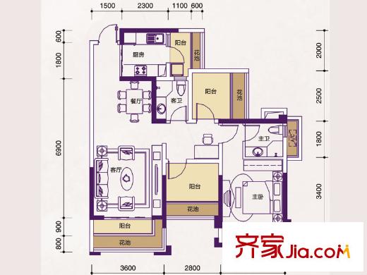 人和萊茵花語2號樓1單元03號房 1室2廳2衛(wèi)1廚