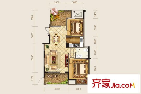 海華東盟公館平層E1戶型 2室2廳1衛(wèi)1廚