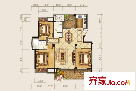 海華東盟公館平層C1戶型 3室2廳2衛(wèi)1廚