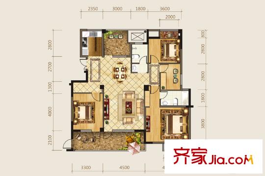 海華東盟公館平層B1戶型 4室2廳2衛(wèi)1廚