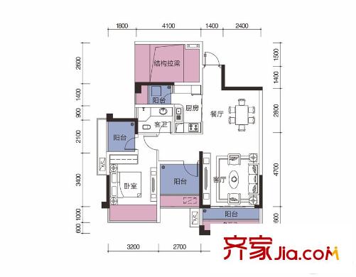 人和萊茵鷺湖9#二單元05戶型 1室2廳1衛(wèi)1廚