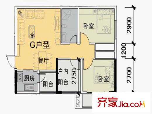 江川圣境G戶型 2室2廳1衛(wèi)1廚