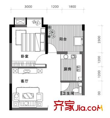 觀瀾溪谷1號樓B戶型 1室1廳1衛(wèi)1廚