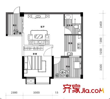 觀瀾溪谷1號樓A3戶型 1室1廳1衛(wèi)1廚