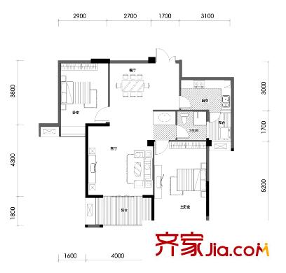 觀瀾溪谷23號樓B戶型 2室2廳1衛(wèi)1廚