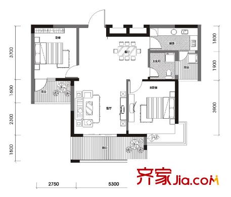 觀瀾溪谷25#樓C戶型 2室2廳1衛(wèi)1廚
