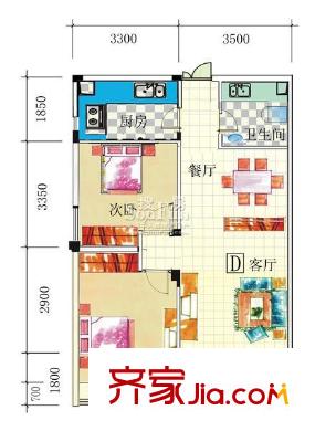 鳳嶺春天D戶型 2室2廳1衛(wèi)1廚