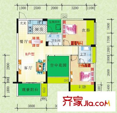 鳳嶺春天22#樓B戶型 2室2廳2衛(wèi)1廚