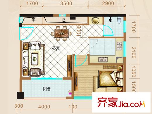 明都錦繡花園5#樓G8戶型 1室1廳1衛(wèi)1廚