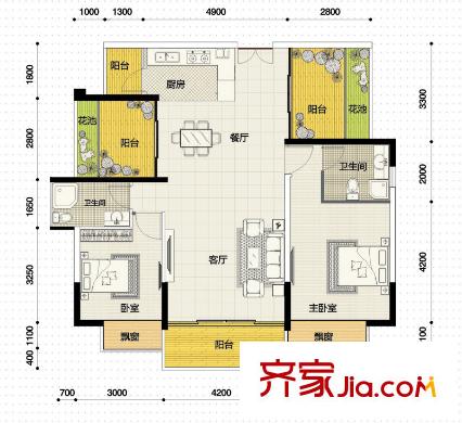 榮和摩客社區(qū)E戶型 2室2廳2衛(wèi)1廚