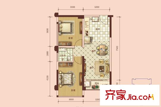 永恒朗晴1#樓C戶型 2室2廳1衛(wèi)1廚
