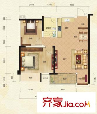 啟美尊府A棟1單元標(biāo)準(zhǔn)層A1戶型 2室2廳1衛(wèi)1廚