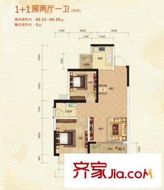 啟美尊府A#2單元標(biāo)準(zhǔn)層07戶型 2室2廳1衛(wèi)1廚