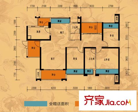 鳳景灣2棟-B兩廳兩衛(wèi)戶型 4室2廳2衛(wèi)1廚