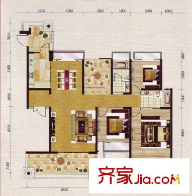 鳳景灣6棟1單元E1戶型 3室2廳2衛(wèi)1廚