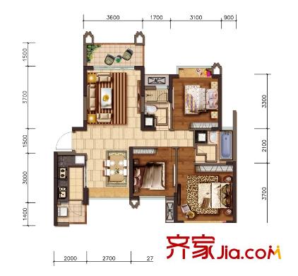 合景天匯廣場(chǎng)21#標(biāo)準(zhǔn)層1-03/2-01戶型 3室2廳2衛(wèi)1廚