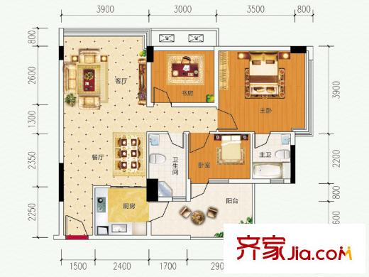 凱宇國際標準層C戶型 3室2廳2衛(wèi)1廚