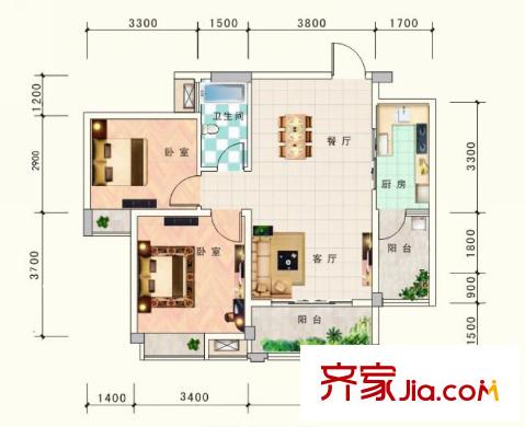 國田秋月藍灣4#樓B戶型 2室2廳1衛(wèi)1廚