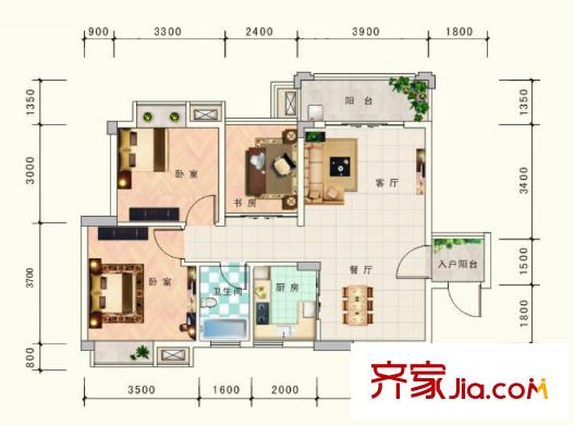國田秋月藍灣4#樓A戶型 3室2廳1衛(wèi)1廚