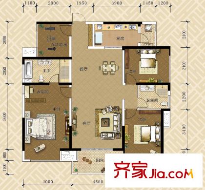 榮和公園悅府一期1-8號樓C2戶型 4室2廳2衛(wèi)1廚