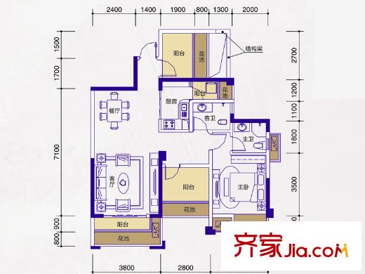 人和萊茵花語1號樓1單元03號房 1室2廳2衛(wèi)1廚